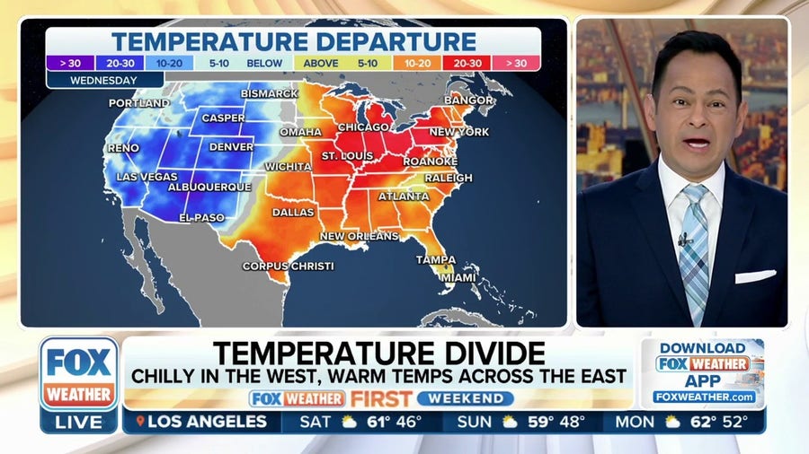 Temperature divide: Chilly in West, warm temps across eastern US