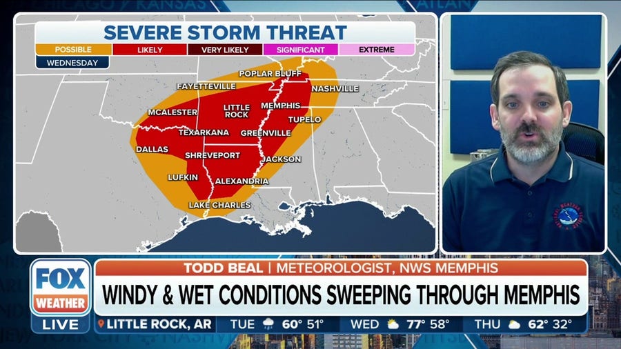 Severe storm potential for Memphis, Tennessee on Wednesday