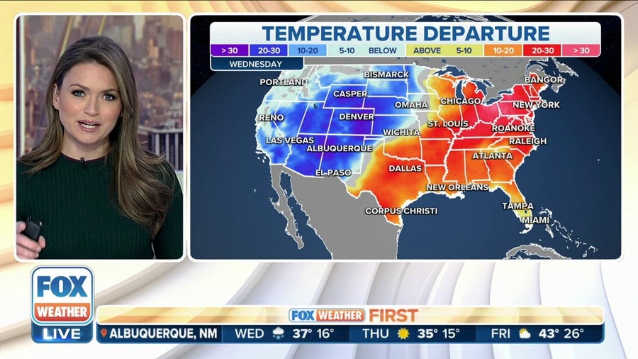 Unseasonably warm temperatures continue across the East, cooler air remains out West