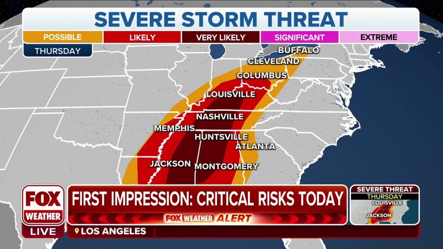 South faces greatest risk of tornadoes on Thursday from severe storm threat