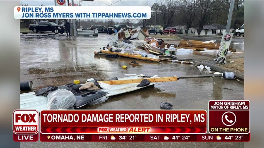 Storm damage in Ripley, Mississippi from reported tornado