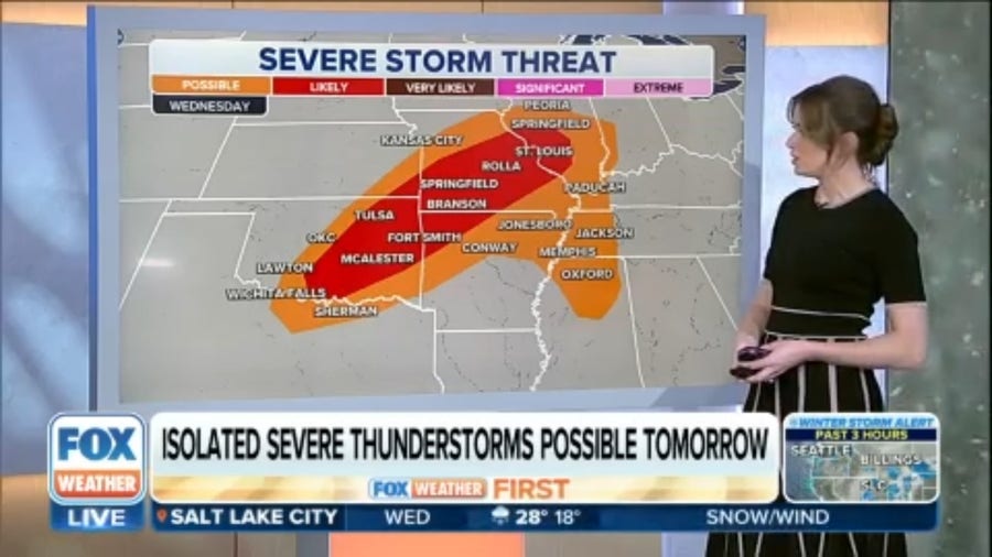 Severe storms threaten from Oklahoma to Mississippi Valley on Wednesday