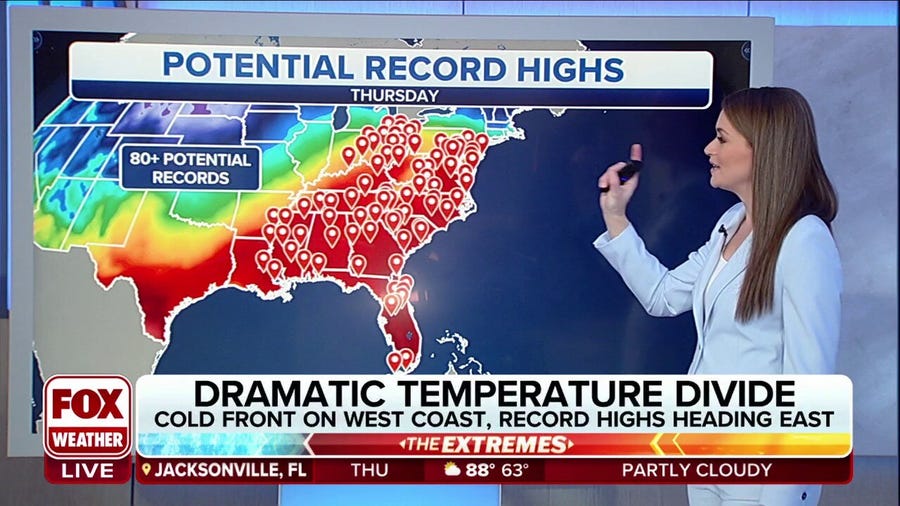 Potential record high temperatures continue across eastern US on Thursday