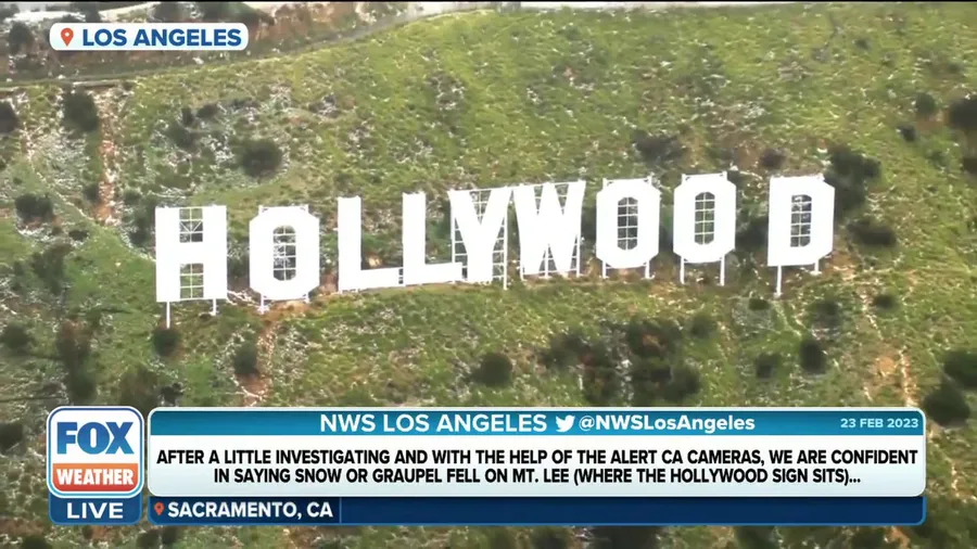 Snow or graupel fell on Hollywood sign in Los Angeles