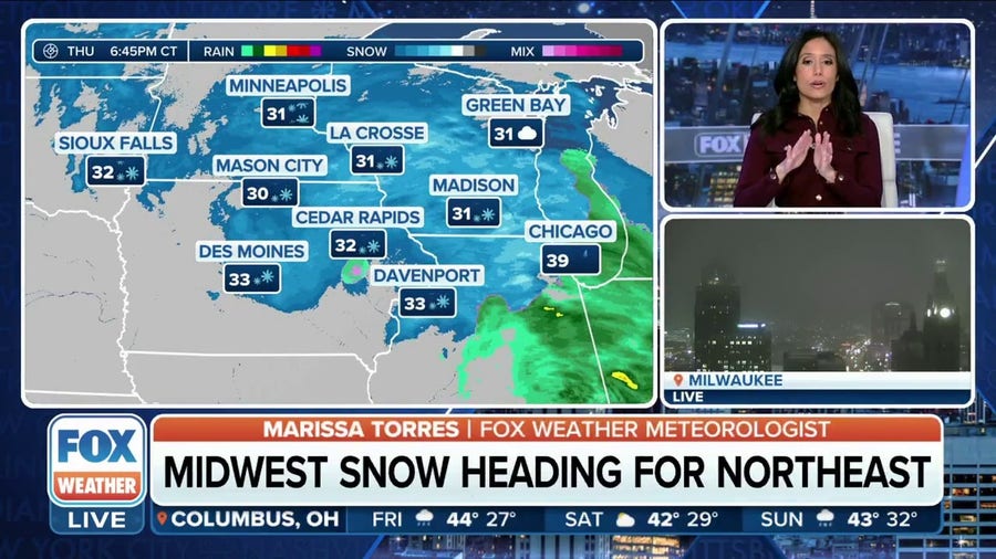 Snow moving through the Upper Midwest, headed for Northeast