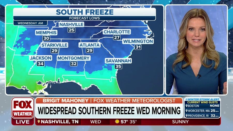 Widespread freeze across South on Wednesday
