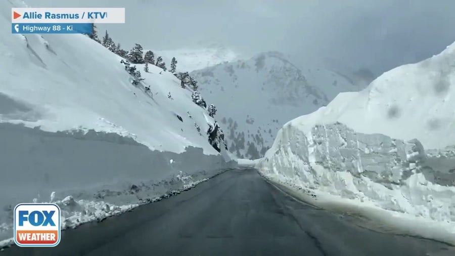 Walls of snow along Sierra Nevada highway in California
