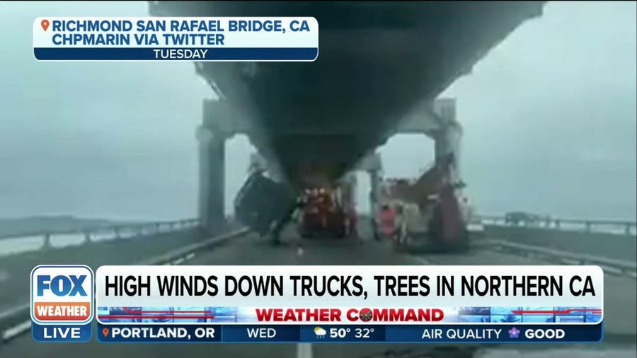 High winds knock over vehicles in California during atmospheric river storm