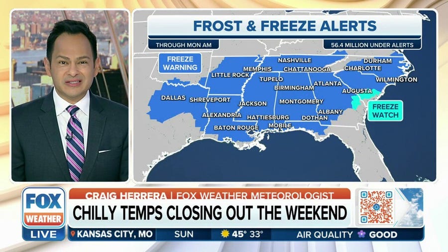 Freeze Warnings issued across the South as cold temperatures close out the weekend