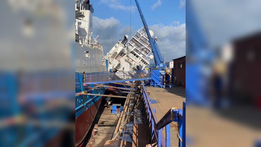 Research vessel tips over in Scotland dry dock during high winds