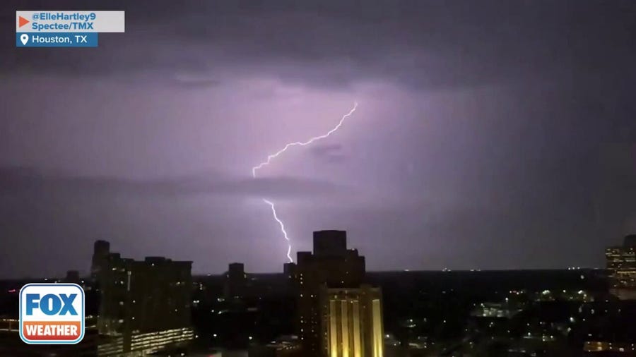Lightning illuminates Houston, TX skyline
