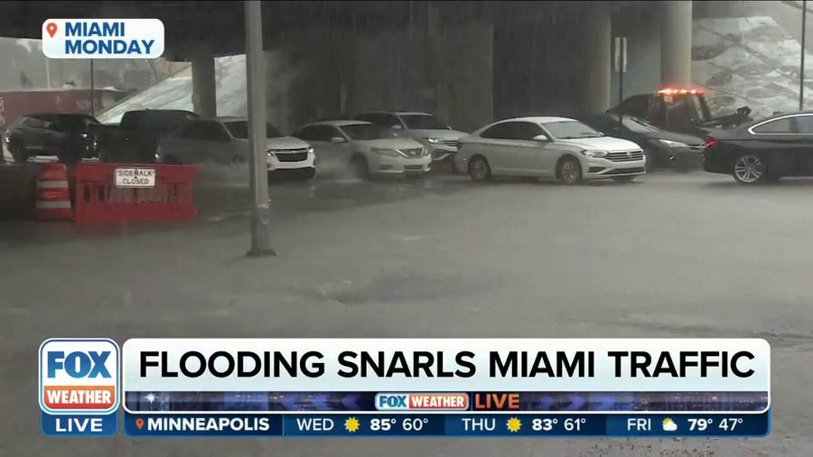 Heavy rain leads to flooded streets in Miami, Florida
