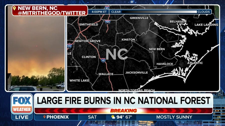 Large forest fire burns in North Carolina