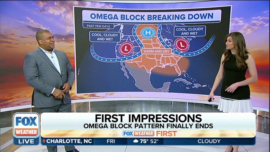 Omega Block pattern ends bringing warmer temperatures to the eastern half of the US