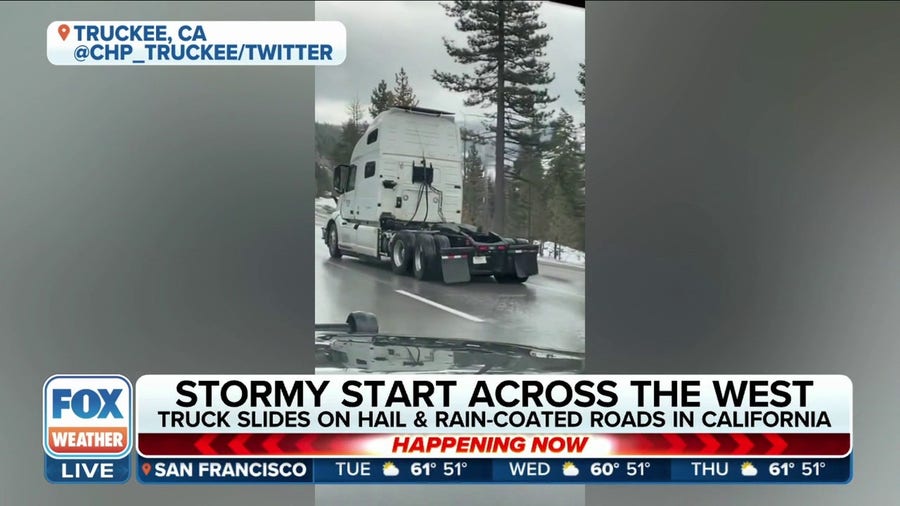 Truck slides on icy road in Truckee, CA