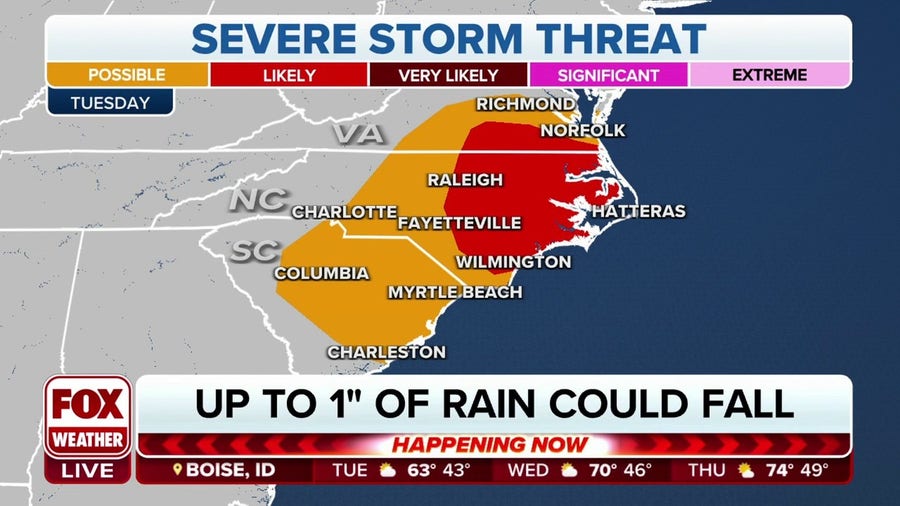 Severe weather threat targets Carolinas, southern VA on Tuesday