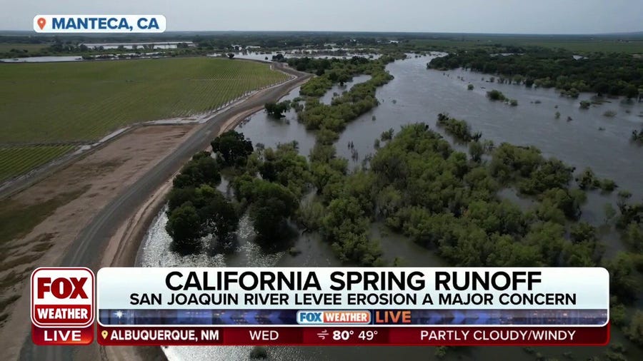 Snowpack in the Sierra Nevada Mountains melts off causing rivers to rise