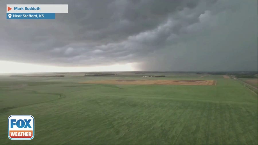 Drone video captures storm pounding area near Stafford, KS  