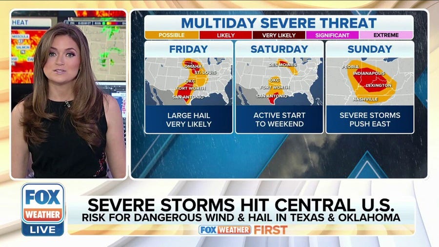 Severe storms with large hail likely as threat moves to Midwest through Texas Friday