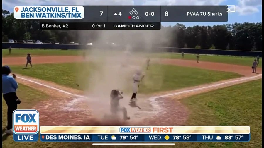 Dust devil envelops youth baseball player during game in Florida