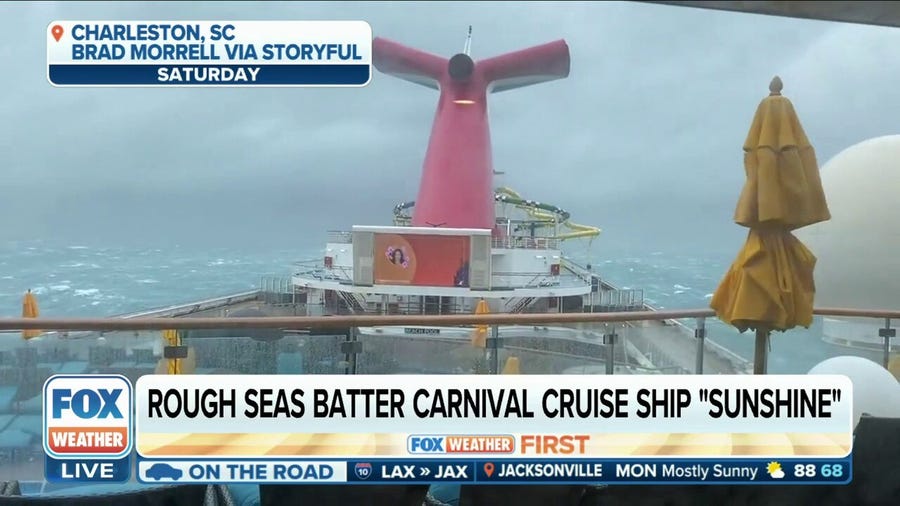 Cruise ship Carnival Sunshine pounded by large waves during coastal storm near Charleston, South Carolina