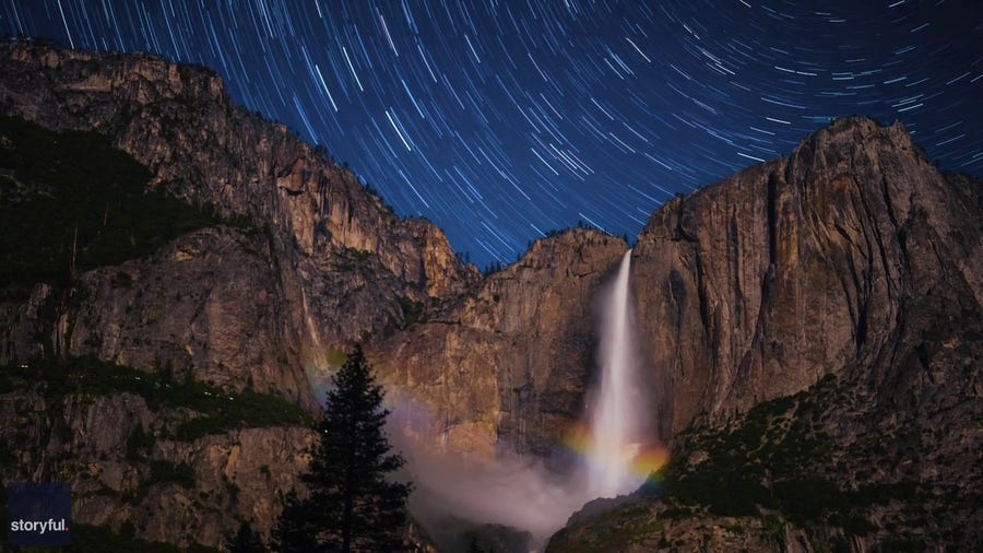 Lunar rainbows dancing over Yosemite waterfalls during Strawberry Full Moon