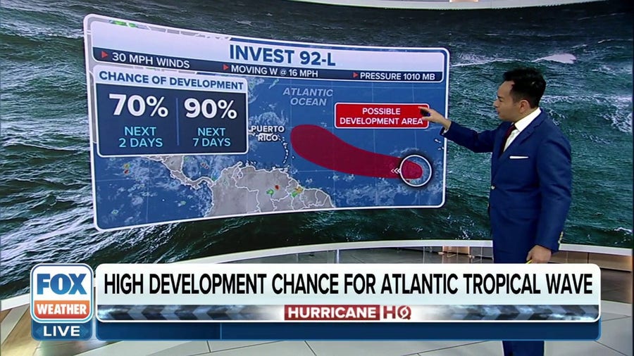Atlantic tropical system Invest 92L has high chance of developing