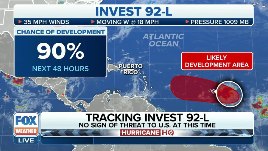 Invest 92L has high chance of tropical development; NHC also monitoring second area in Atlantic