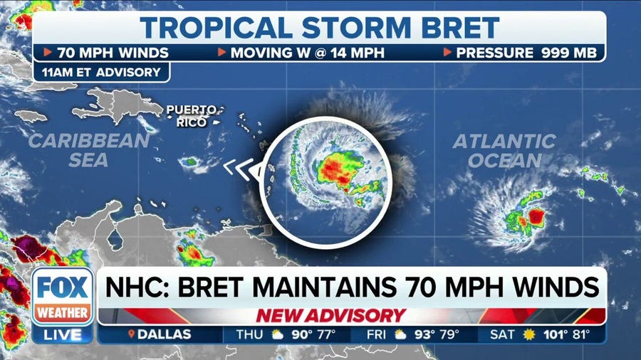 Bret nears hurricane strength but remains strong tropical storm as it approaches Caribbean islands