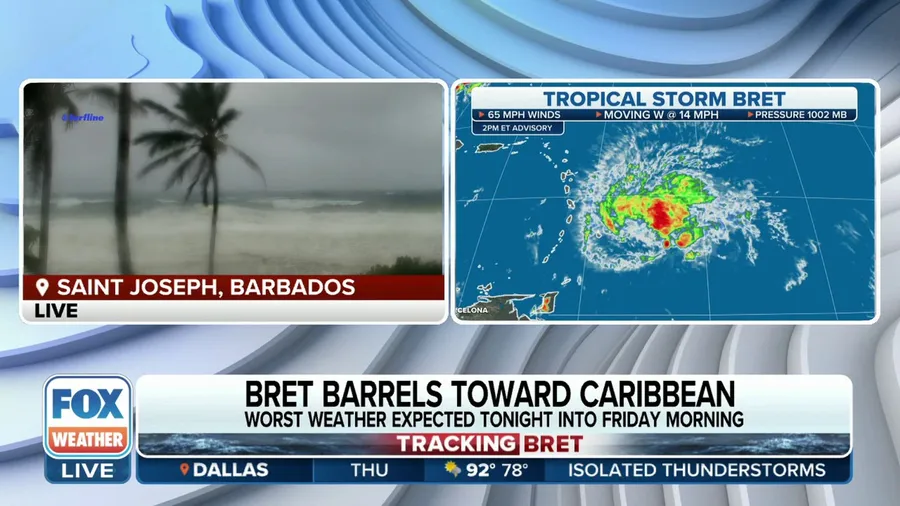 Tropical Storm Bret weakens slightly