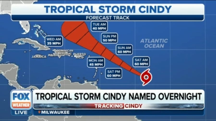 Tropical Storm Cindy Swirls inside 1000 miles of Lesser Antilles