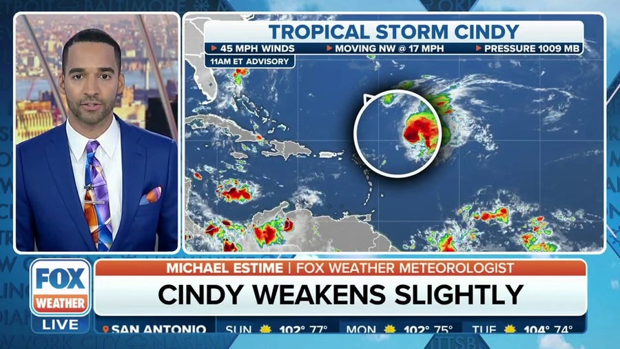 Tropical Storm Cindy continues to weaken over the Atlantic