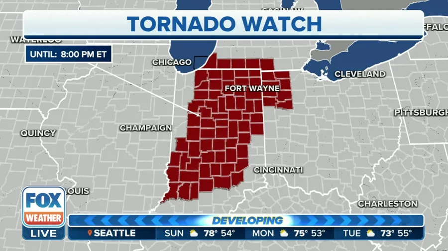 Tornado Watch issued for Indiana, Ohio, and Michigan on Sunday