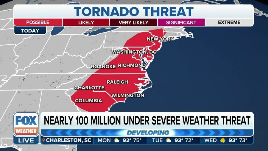 Nearly 100 million along I-95 from the Northeast to mid-Atlantic at risk of severe weather, tornadoes on Monday
