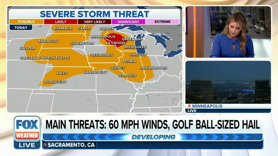 Large hail, damaging wind and possible tornadoes threaten the Midwest