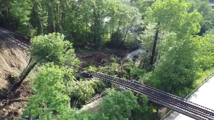 Railroad tracks suspended in air in Vermont after flooding