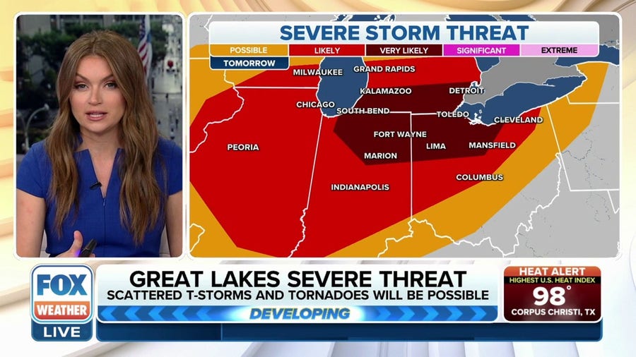 Scattered thunderstorms, tornadoes possible in Great Lakes on Wednesday