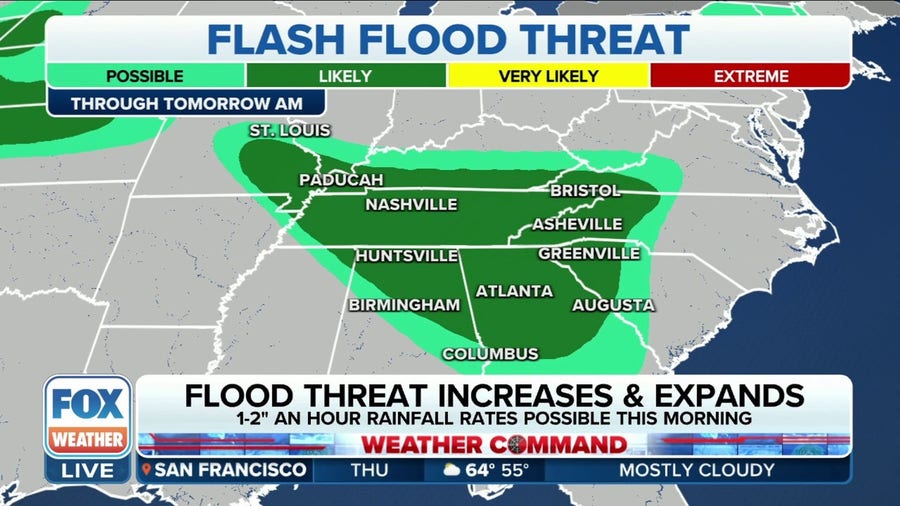 Flash flood threat increases, expands from Missouri to Tennessee Valley on Thursday