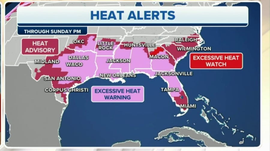 Dangerous heat continues dominating the South from Texas to Carolinas