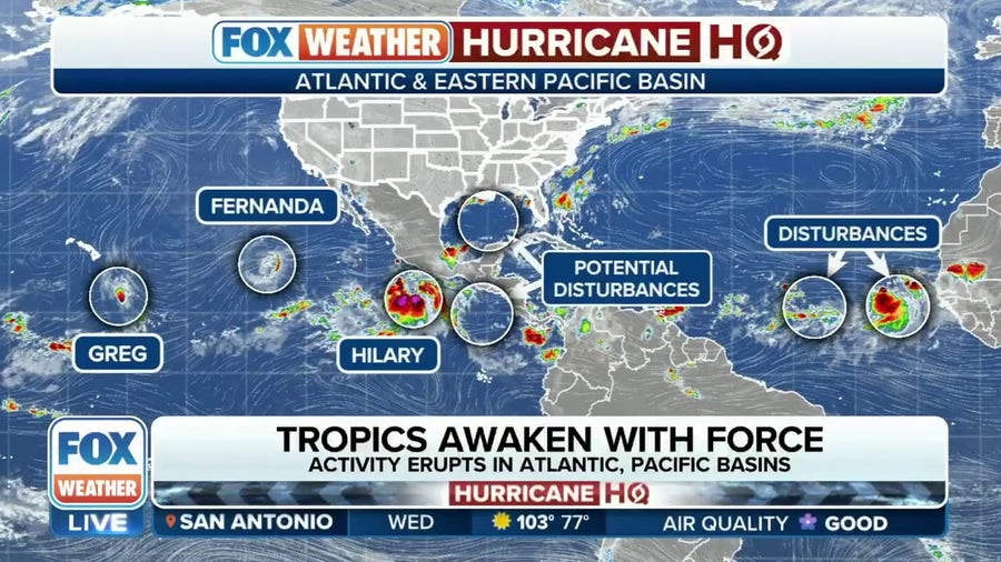 Tropical storms Hilary, Fernanda and Greg all spinning across the Pacific