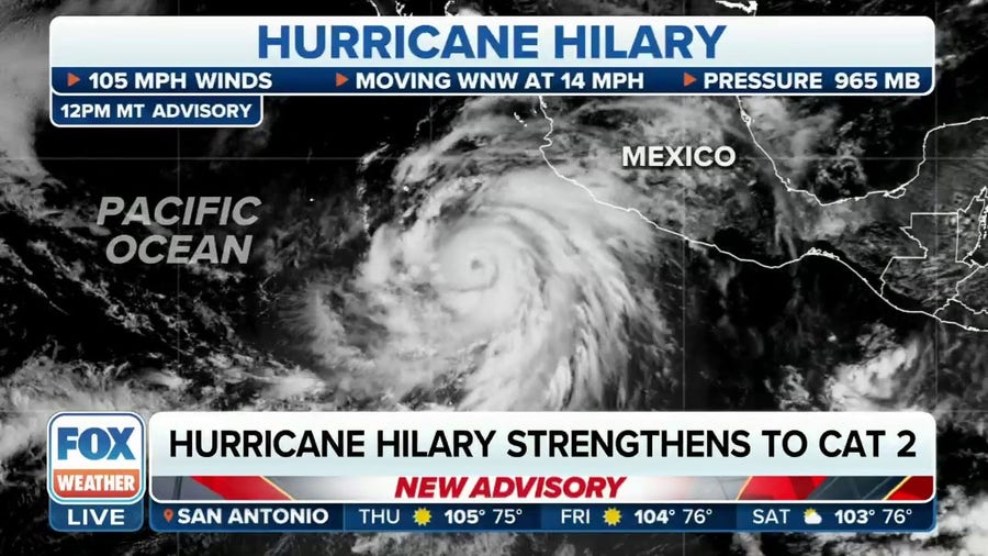 Hurricane Hilary strengthens to Category 2 with winds of 105 mph