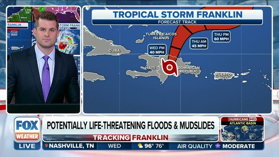 Center of Tropical Storm Franklin moving over Dominican Republic