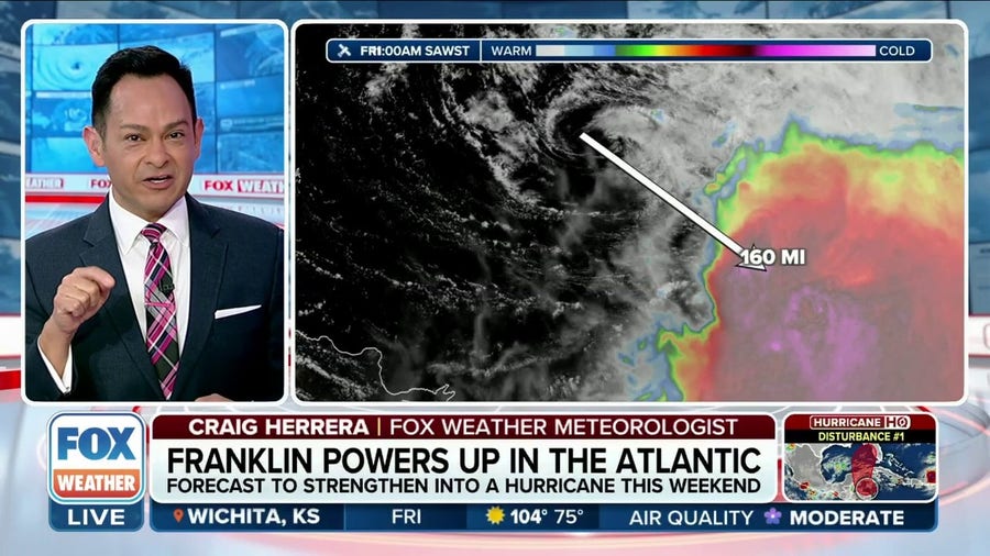 Latest update on Tropical Storm Franklin as it wobbles northeast of Dominican Republic