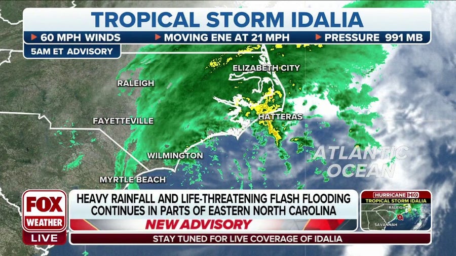 Tropical Storm Idalia continues to deliver heavy rain, gusty winds to the Carolinas