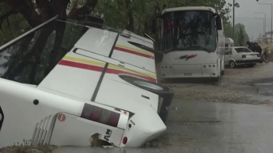 Watch: Bus swallowed by sinkhole amid catastrophic flooding in Greece