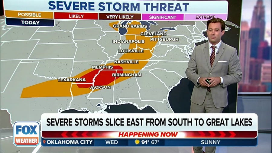 Severe storms slice east from South to Great Lakes