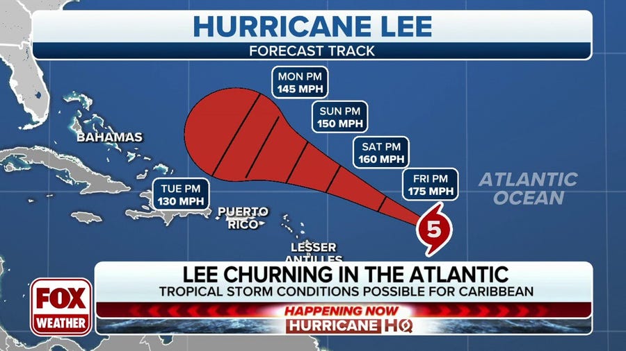 Hurricane Lee strengthens into a Category 5 in the Atlantic Ocean