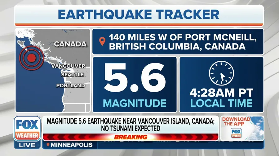 No tsunami expected after magnitude 5.6 earthquake off the coast of Canada