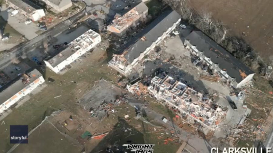 Drone video shows homes ripped apart by Clarksville tornado