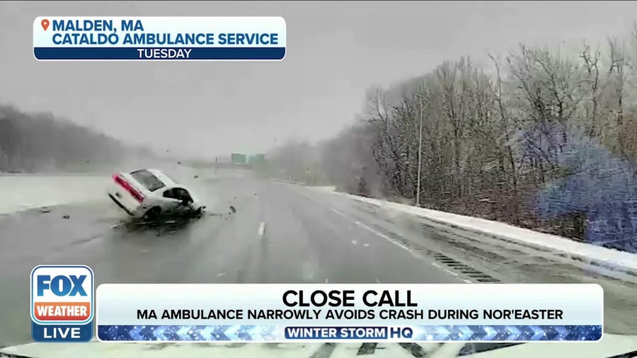 Ambulance driver narrowly misses crash during nor'easter